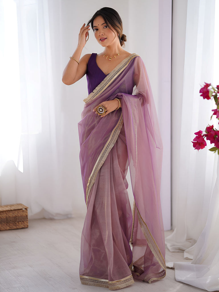 Wonderful Lavender Lace Work Net Reception Wear Saree With Blouse