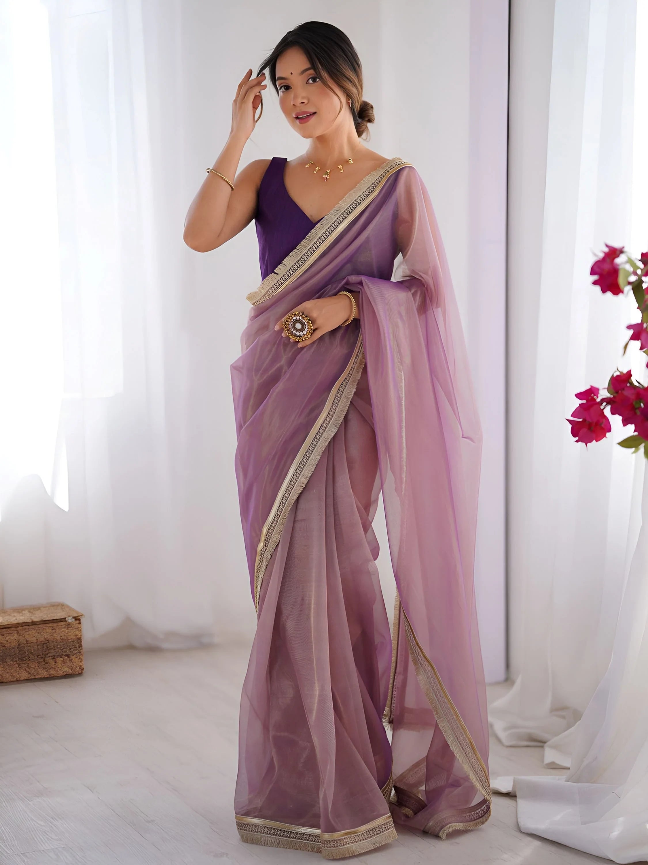 Wonderful Lavender Lace Work Net Reception Wear Saree With Blouse