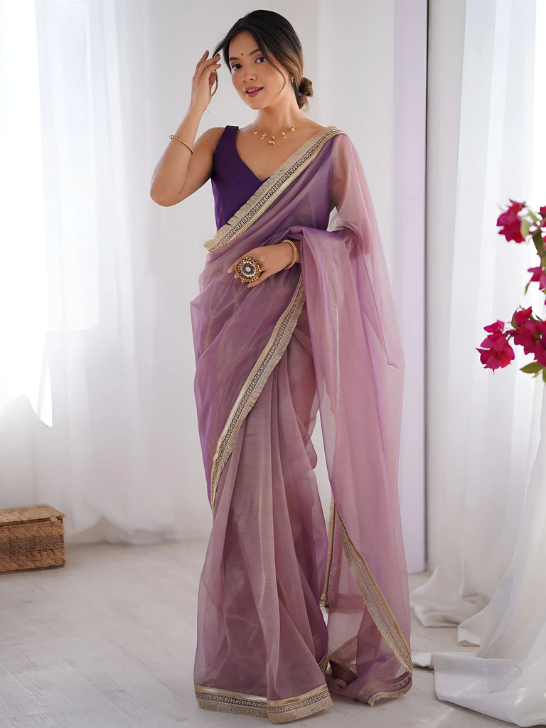 Wonderful Lavender Lace Work Net Reception Wear Saree With Blouse