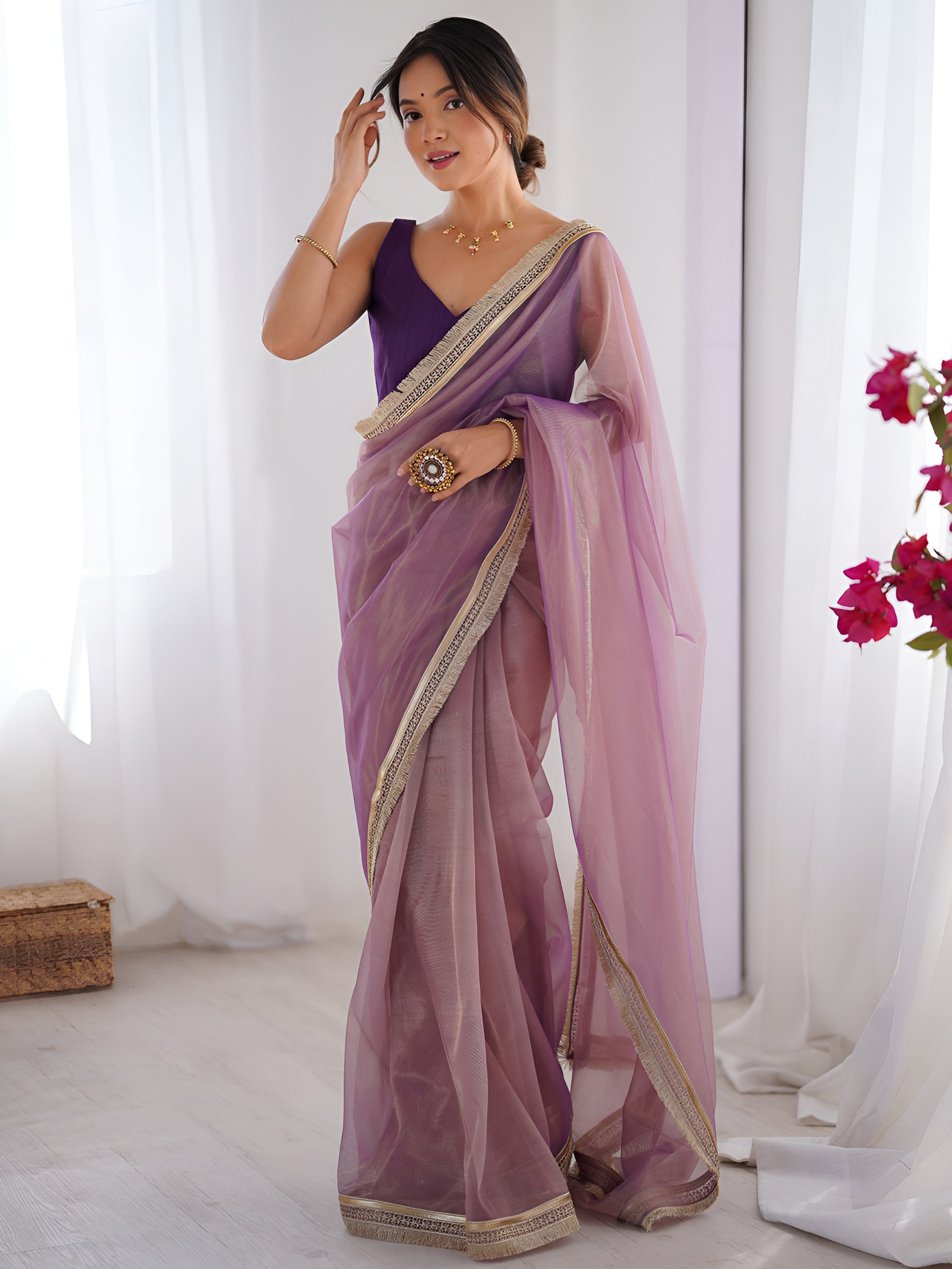 Wonderful Lavender Lace Work Net Reception Wear Saree With Blouse