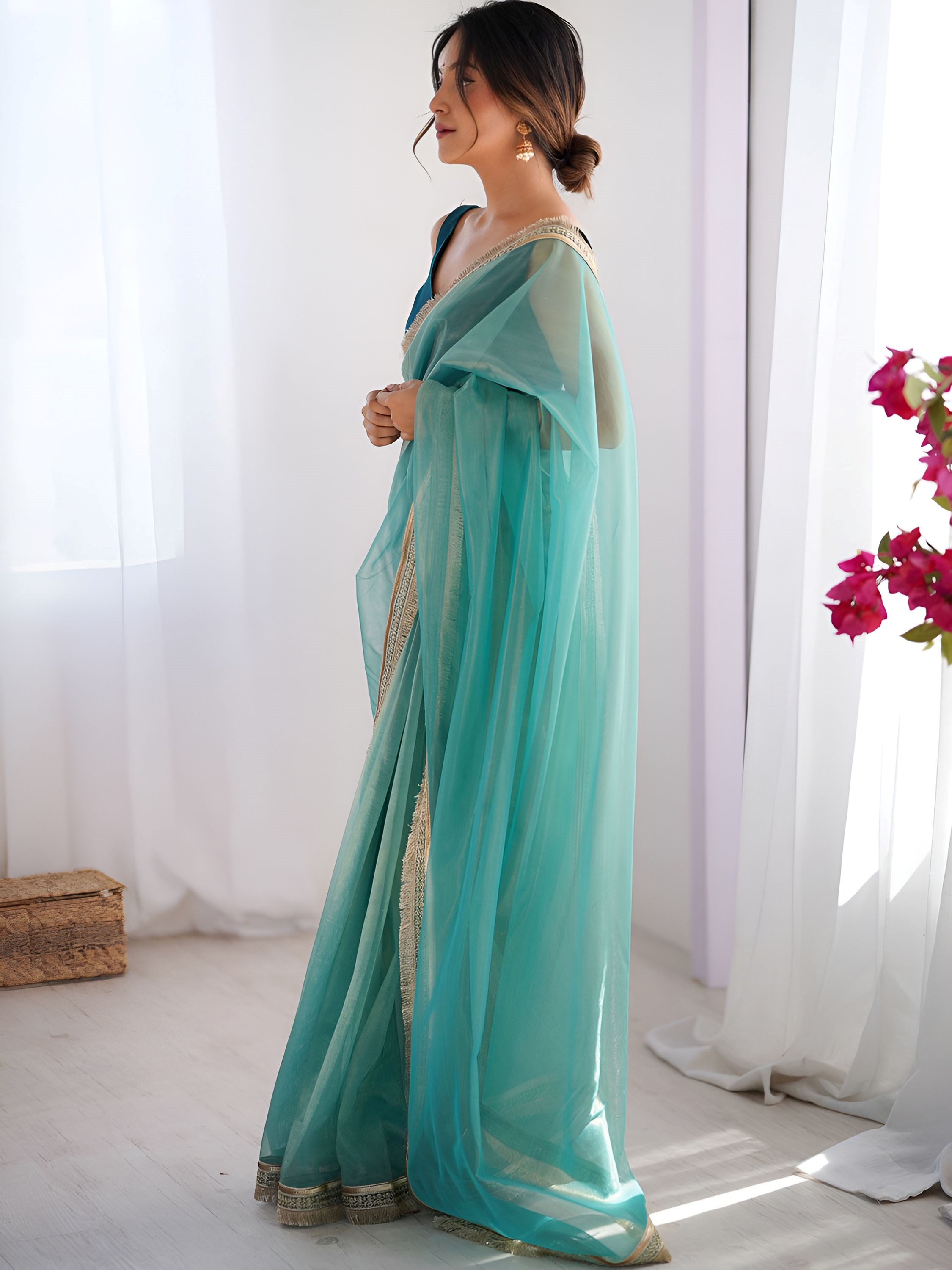 Adorable Sky Blue Lace Work Net Festival Wear Saree With Blouse
