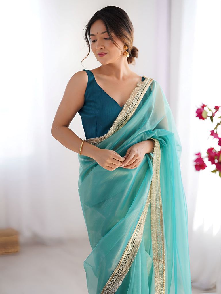 Adorable Sky Blue Lace Work Net Festival Wear Saree With Blouse