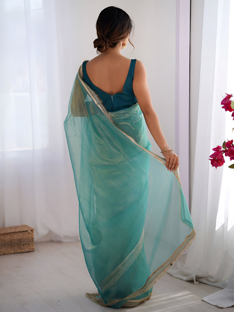 Adorable Sky Blue Lace Work Net Festival Wear Saree With Blouse