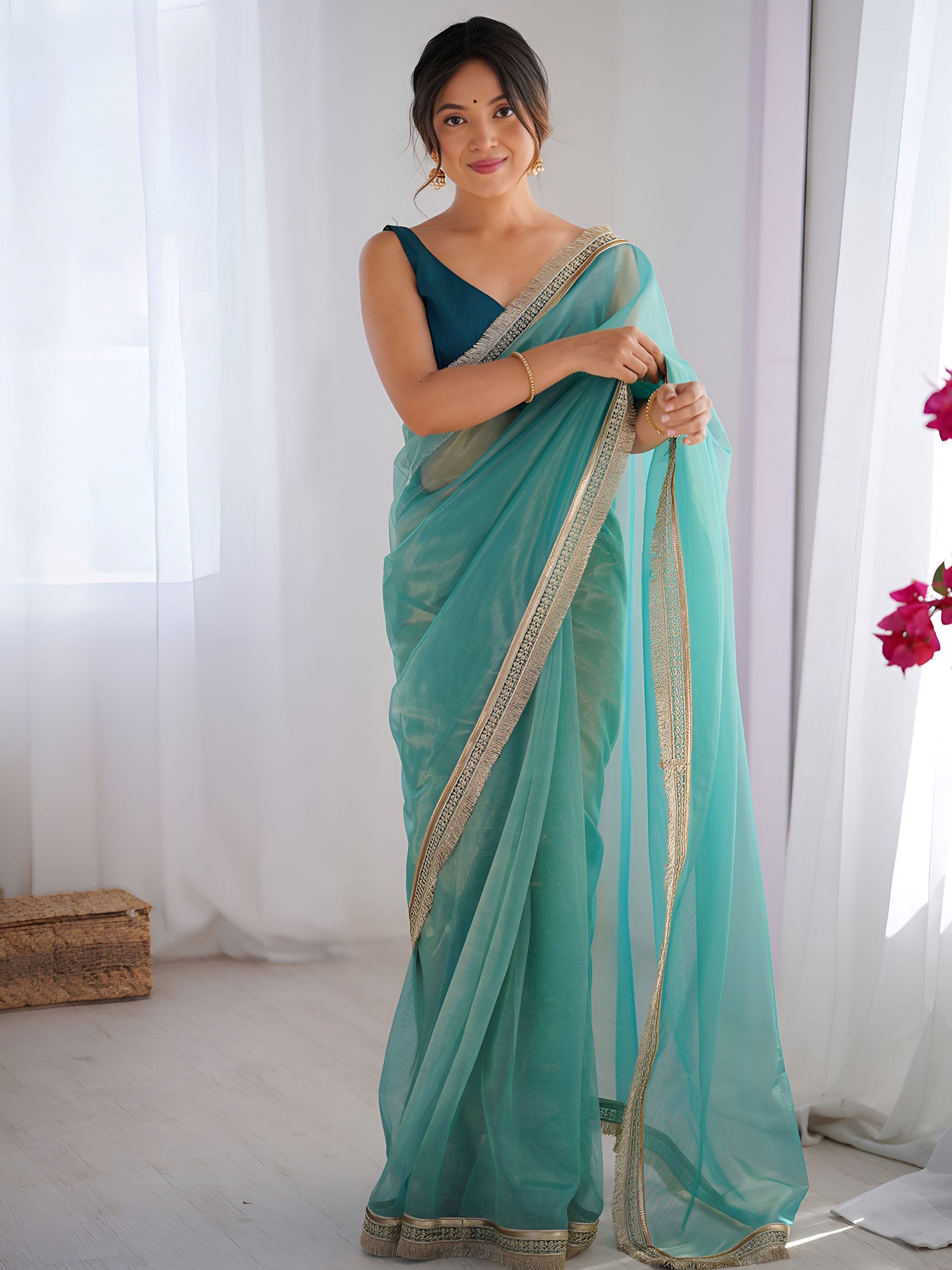 Adorable Sky Blue Lace Work Net Festival Wear Saree With Blouse