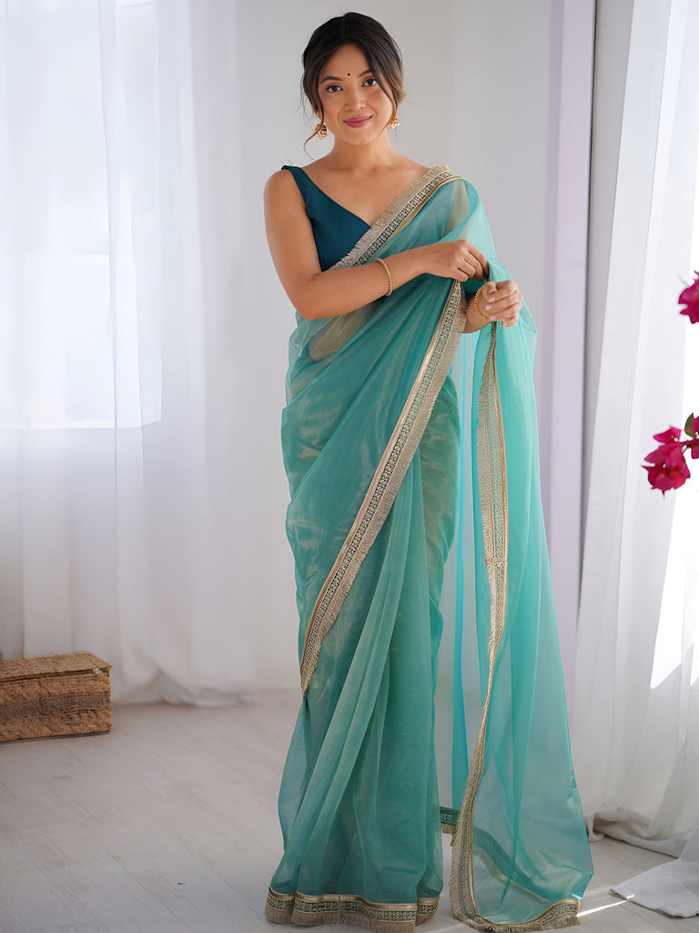 Adorable Sky Blue Lace Work Net Festival Wear Saree With Blouse