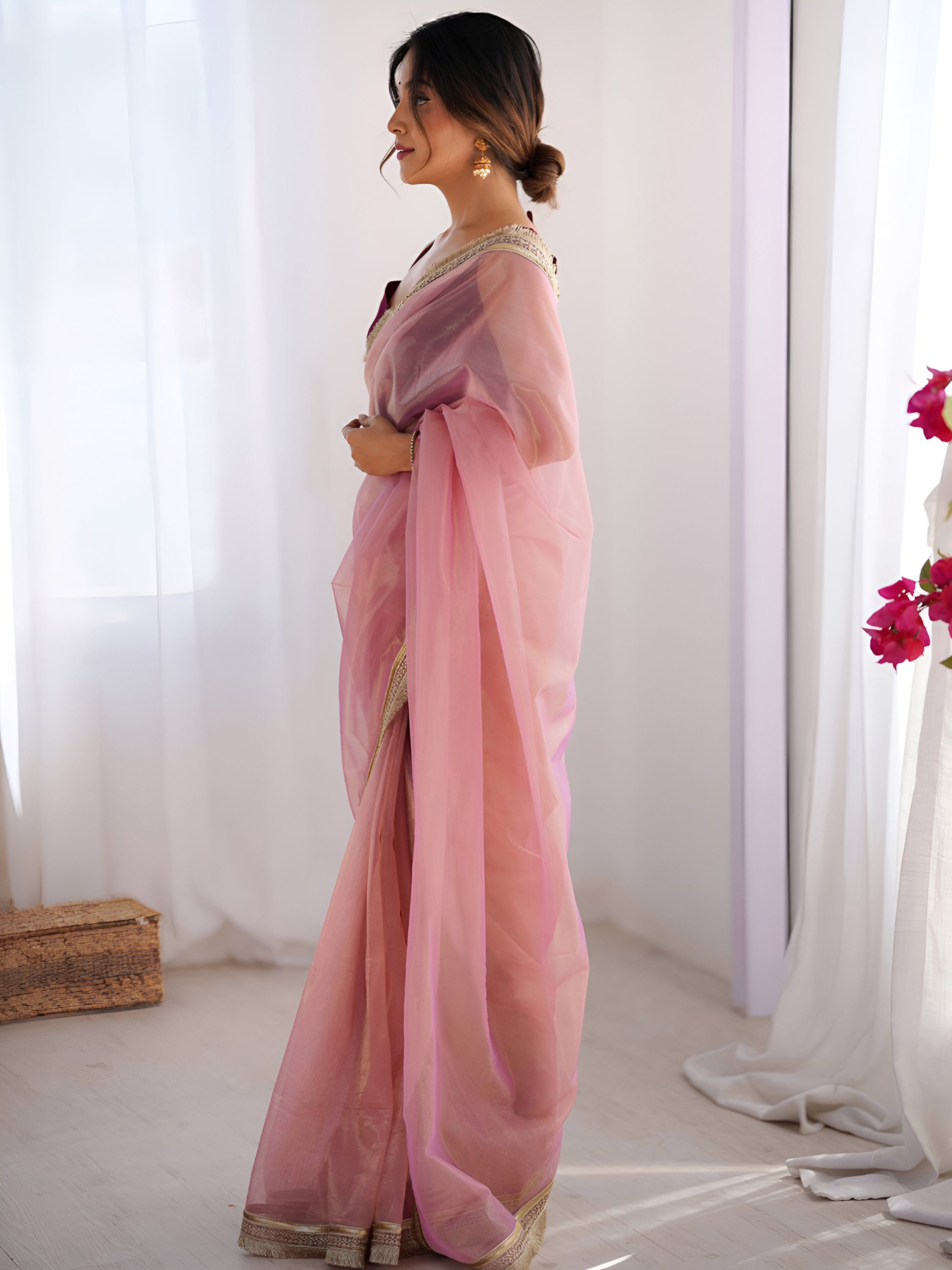 Glamorous Pink Lace Work Net Party Wear Saree With Blouse