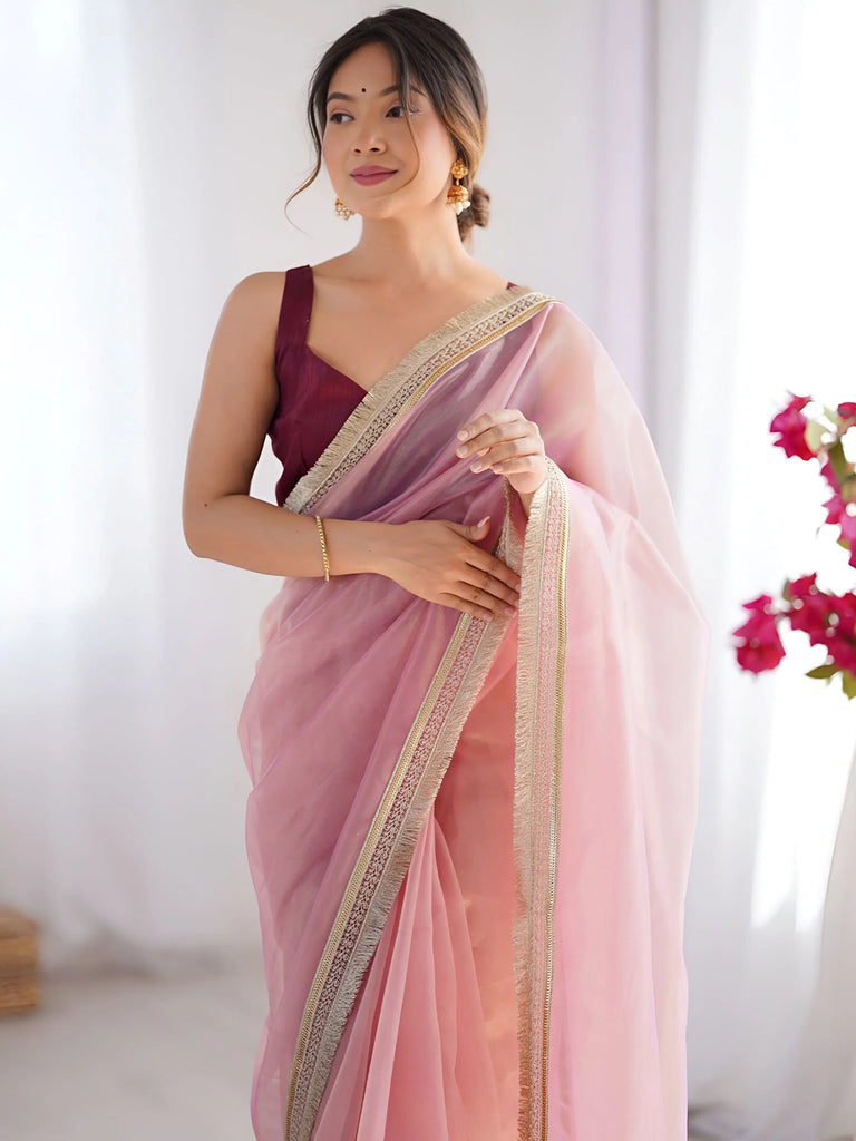 Glamorous Pink Lace Work Net Party Wear Saree With Blouse