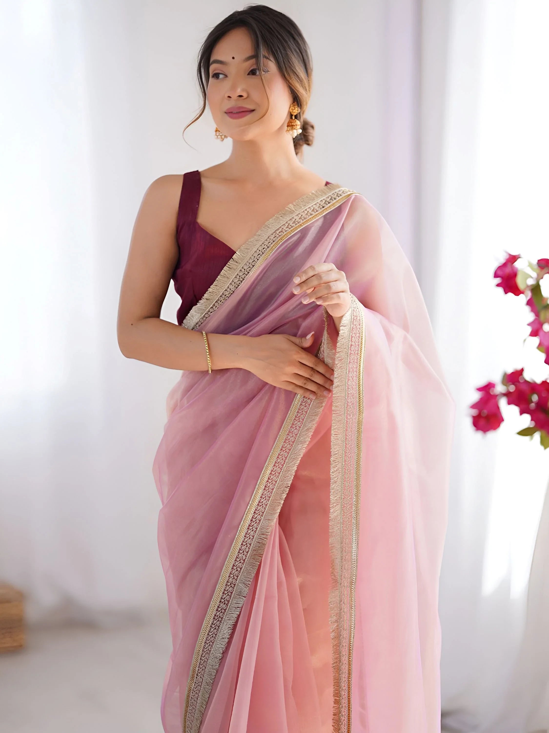 Glamorous Pink Lace Work Net Party Wear Saree With Blouse