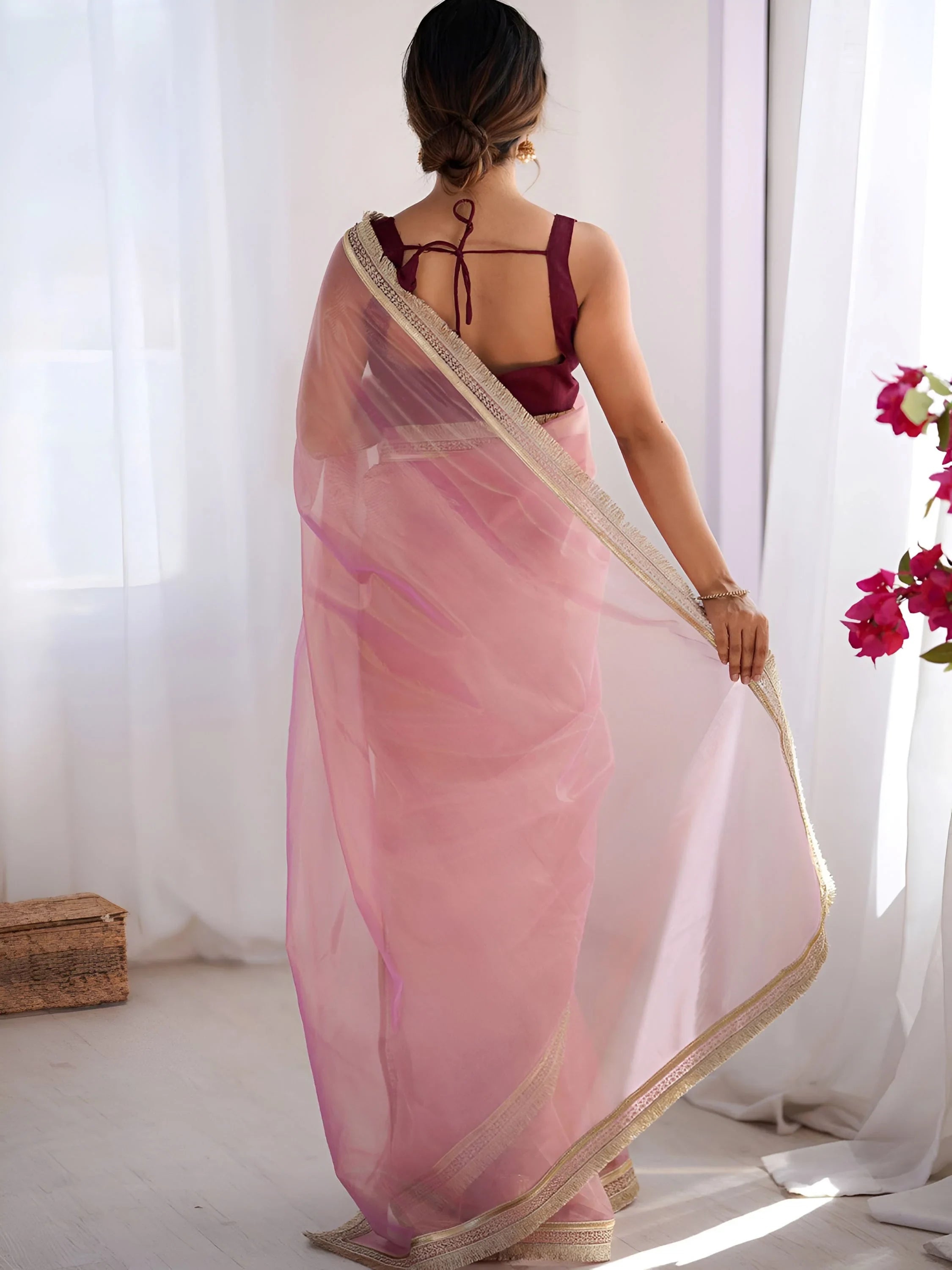 Glamorous Pink Lace Work Net Party Wear Saree With Blouse
