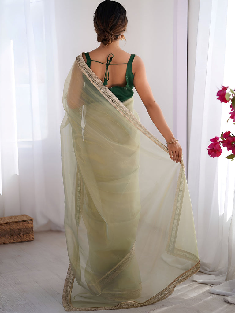 Charming Pista Green Net Engagement Wear Saree With Blouse