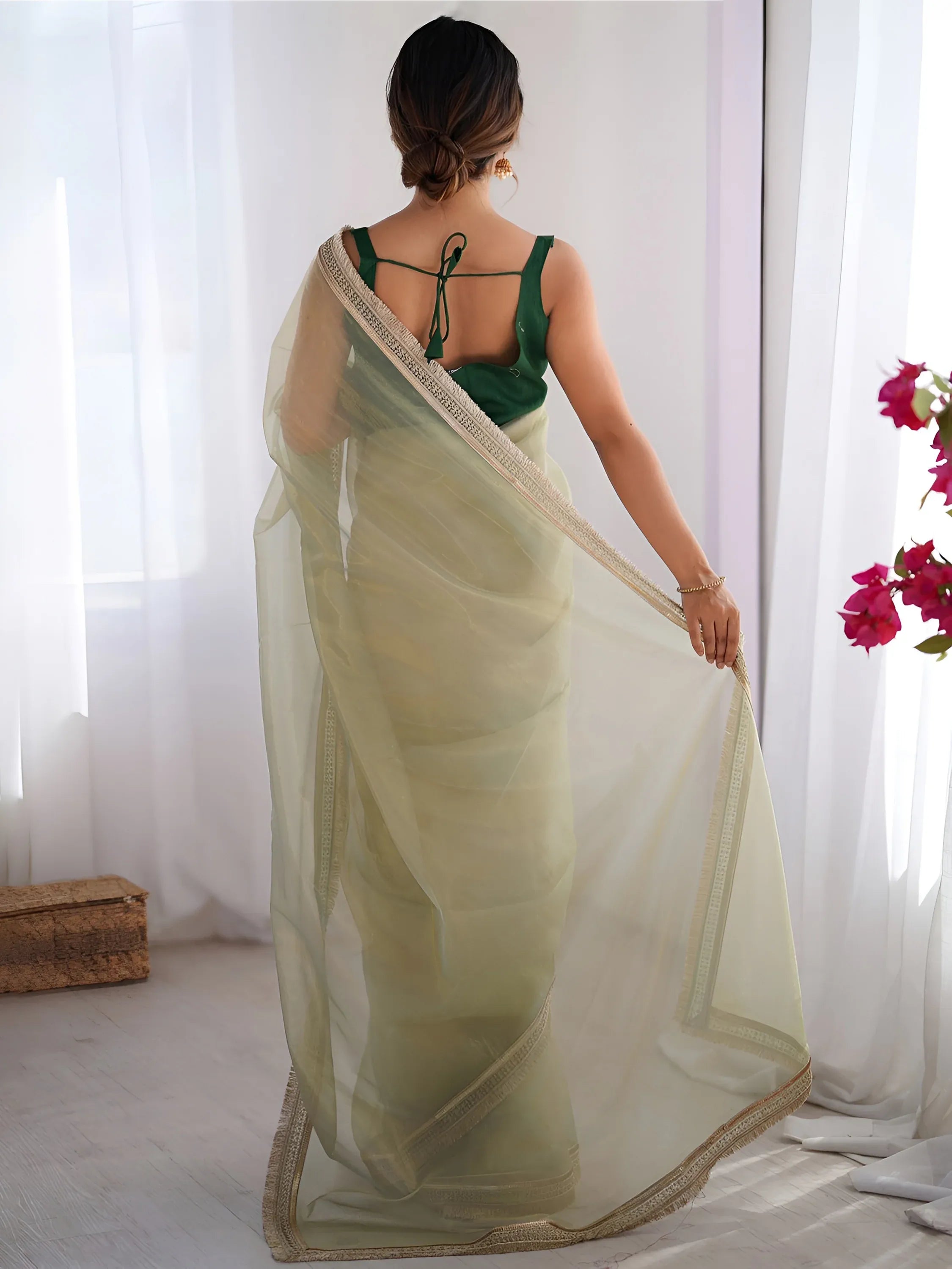 Charming Pista Green Net Engagement Wear Saree With Blouse