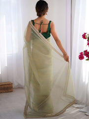 Charming Pista Green Net Engagement Wear Saree With Blouse