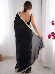 Dazzling Black Lace Work Silk Reception Wear Saree With Blouse