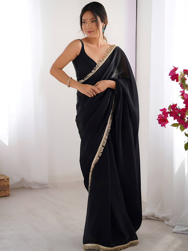 Dazzling Black Lace Work Silk Reception Wear Saree With Blouse