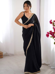 Dazzling Black Lace Work Silk Reception Wear Saree With Blouse