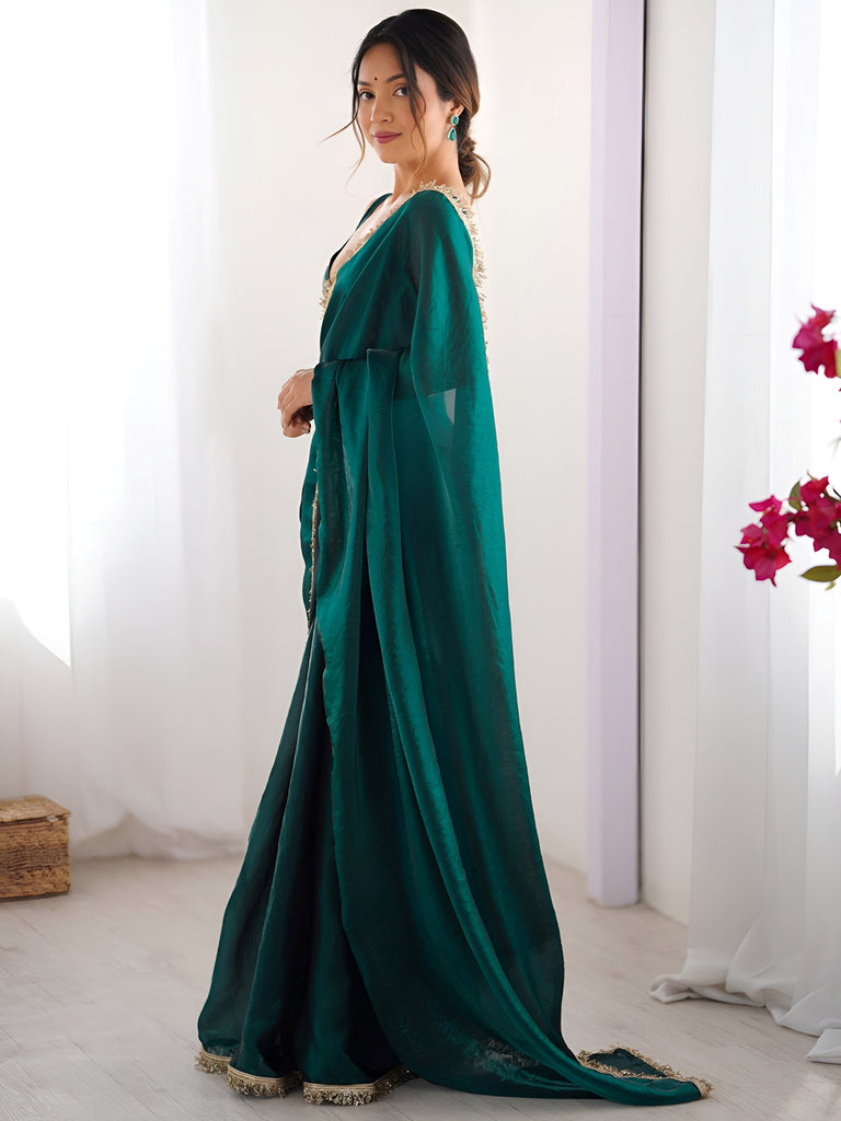 Beautiful Teal Green Lace Work Silk Festival Wear Saree With Blouse