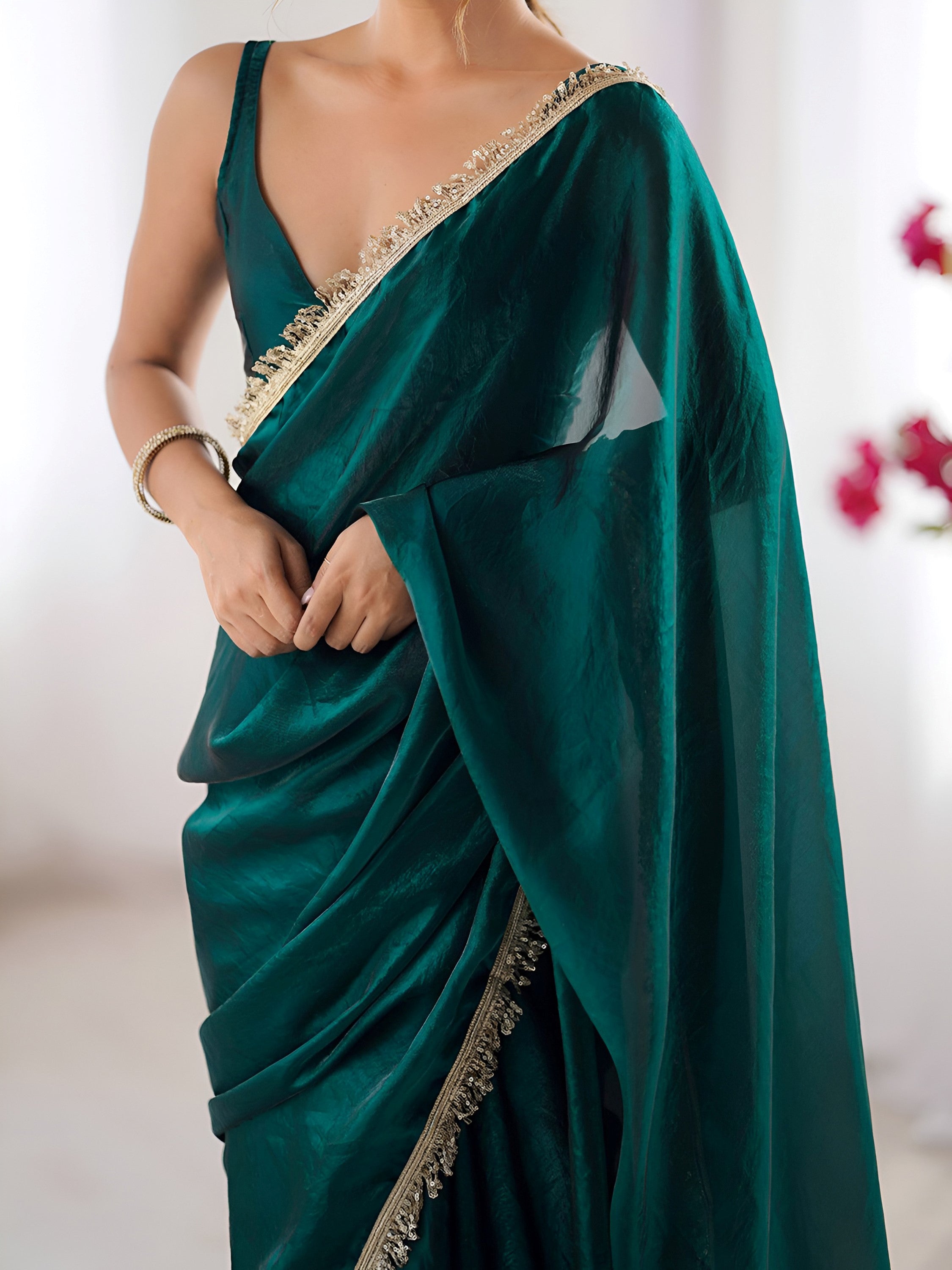 Beautiful Teal Green Lace Work Silk Festival Wear Saree With Blouse