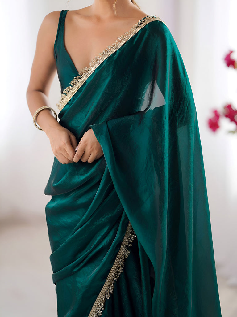 Beautiful Teal Green Lace Work Silk Festival Wear Saree With Blouse