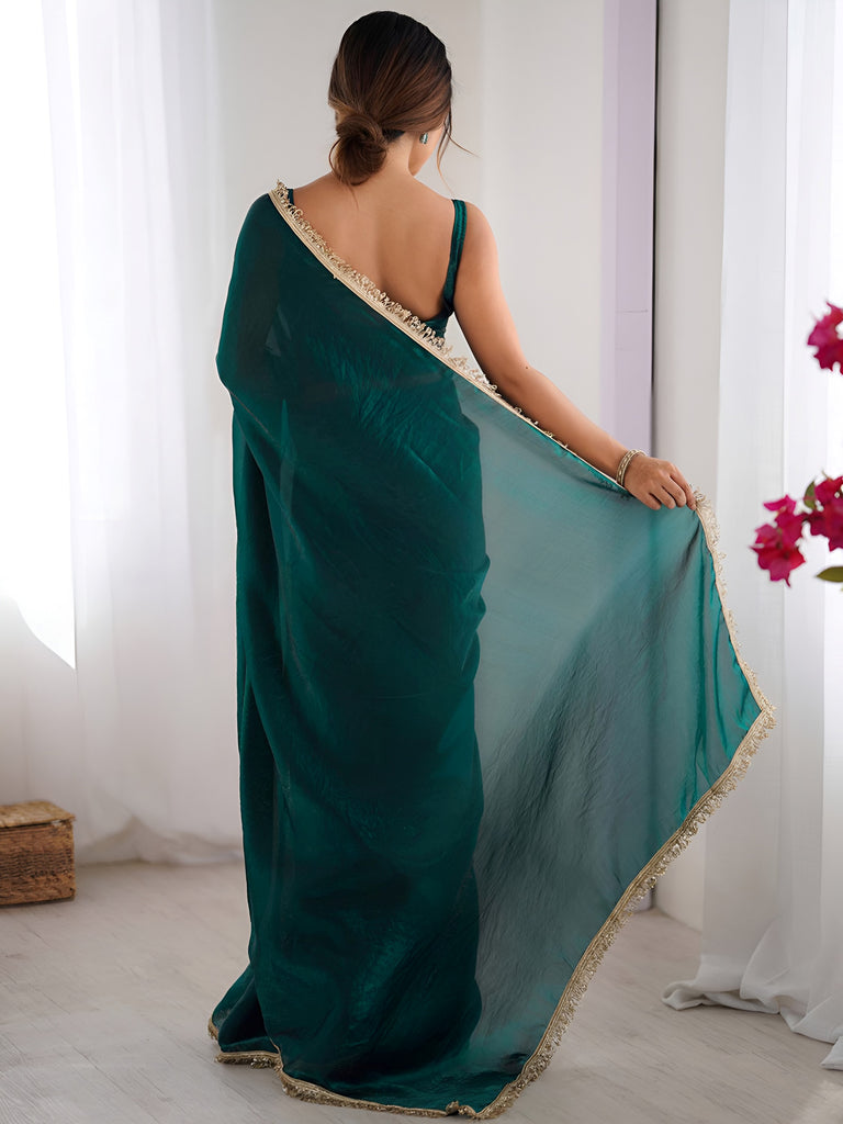 Beautiful Teal Green Lace Work Silk Festival Wear Saree With Blouse