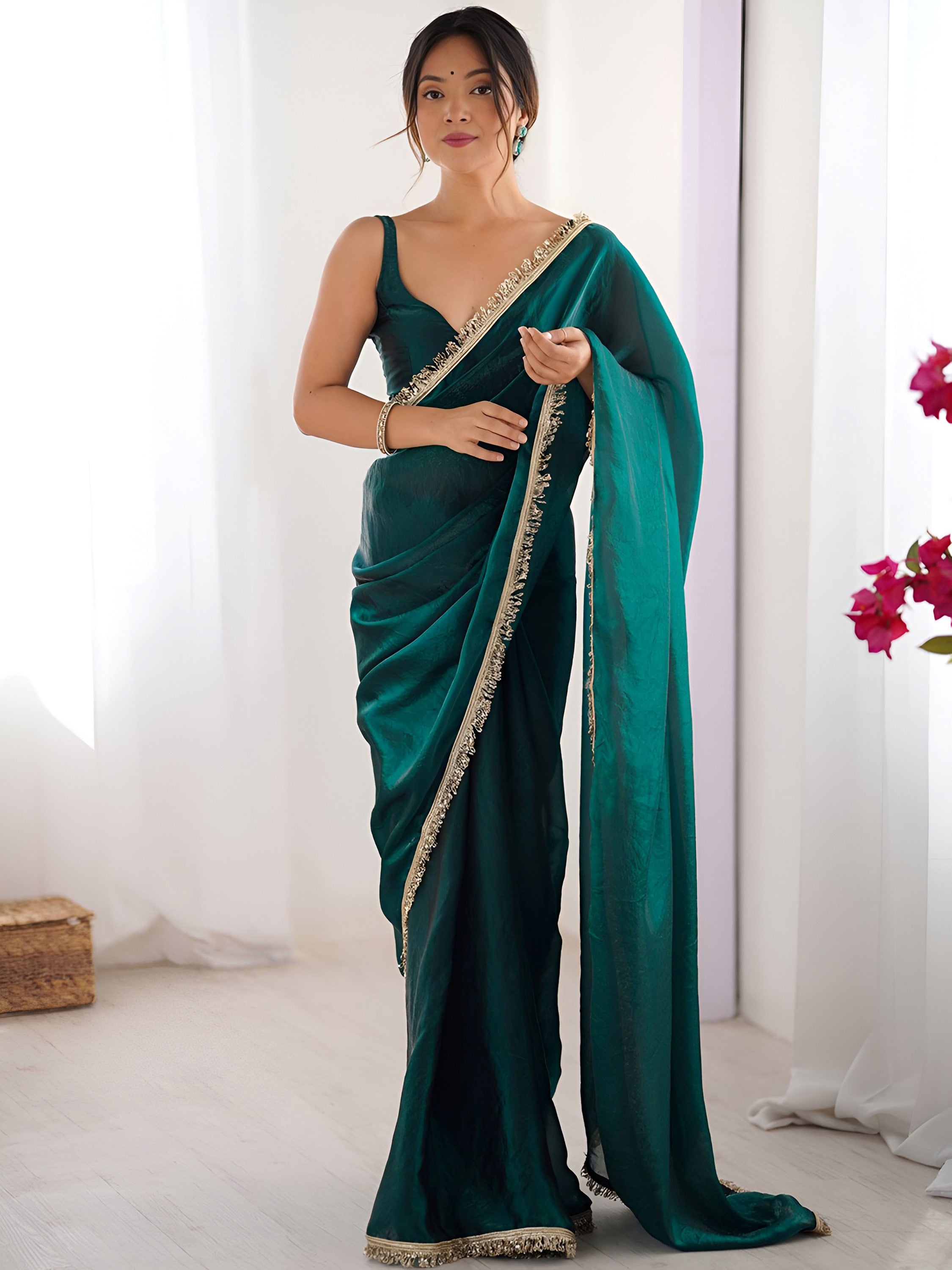 Beautiful Teal Green Lace Work Silk Festival Wear Saree With Blouse