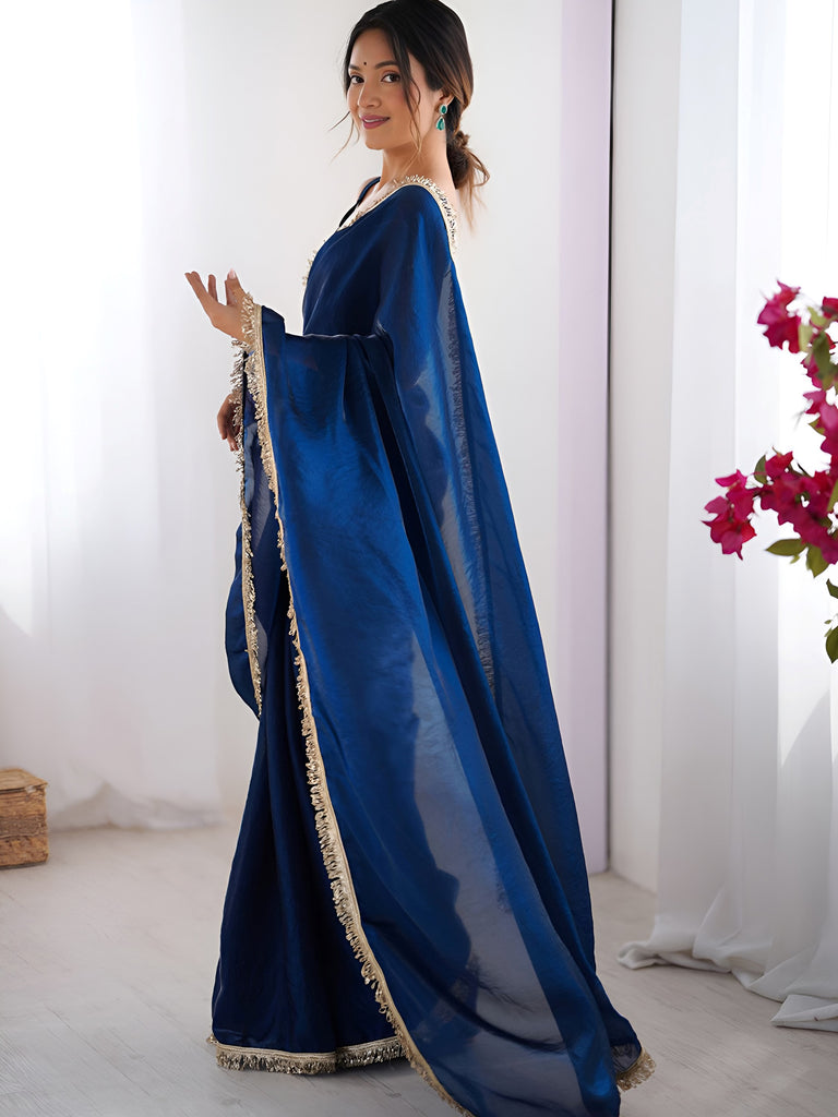 Attractive Blue Lace Work Silk Party Wear Saree With Blouse