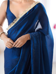 Attractive Blue Lace Work Silk Party Wear Saree With Blouse