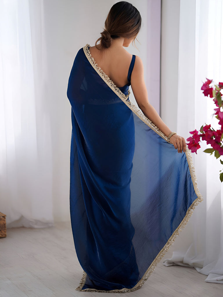 Attractive Blue Lace Work Silk Party Wear Saree With Blouse