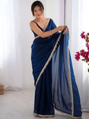 Attractive Blue Lace Work Silk Party Wear Saree With Blouse