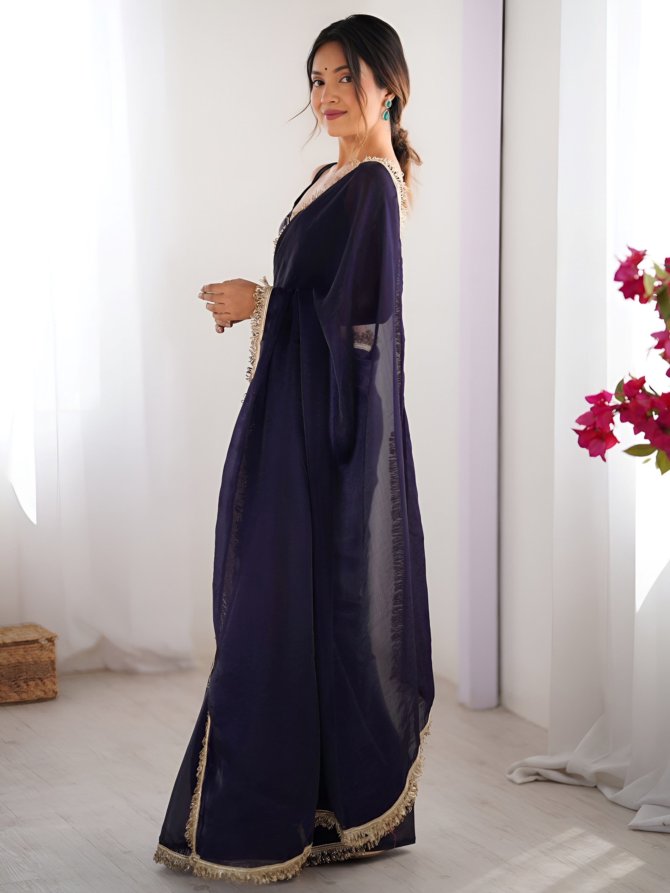Mesmerizing Navy Blue Lace Work Silk Engagement Wear Saree