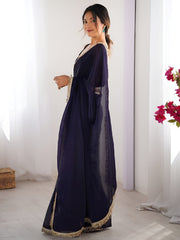 Mesmerizing Navy Blue Lace Work Silk Engagement Wear Saree