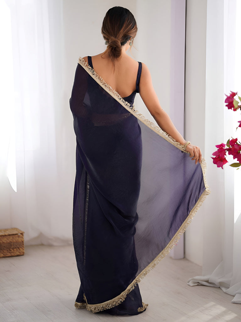 Mesmerizing Navy Blue Lace Work Silk Engagement Wear Saree