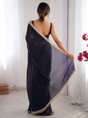 Mesmerizing Navy Blue Lace Work Silk Engagement Wear Saree