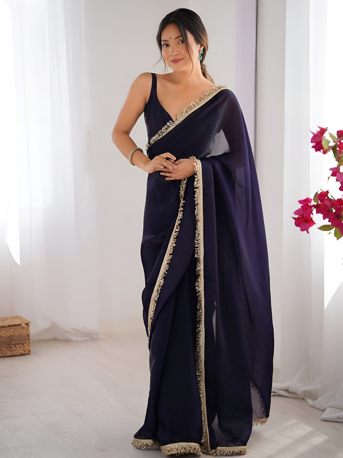 Mesmerizing Navy Blue Lace Work Silk Engagement Wear Saree