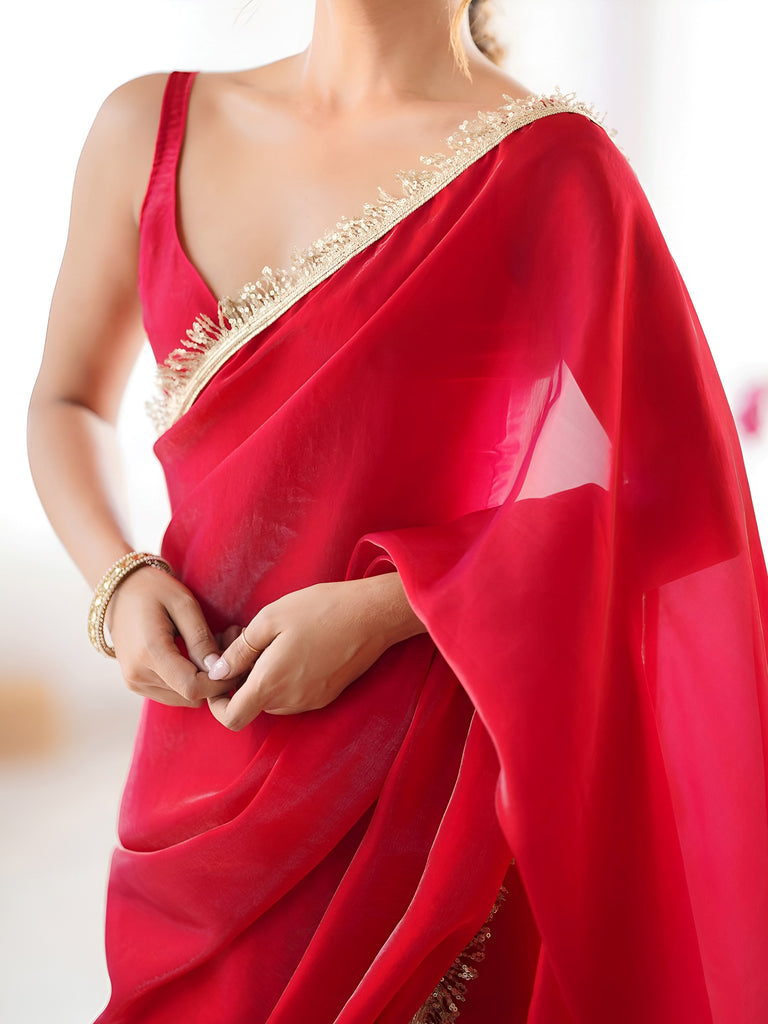 Alluring Red Lace Work Silk Party Wear Saree With Blouse