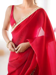 Alluring Red Lace Work Silk Party Wear Saree With Blouse
