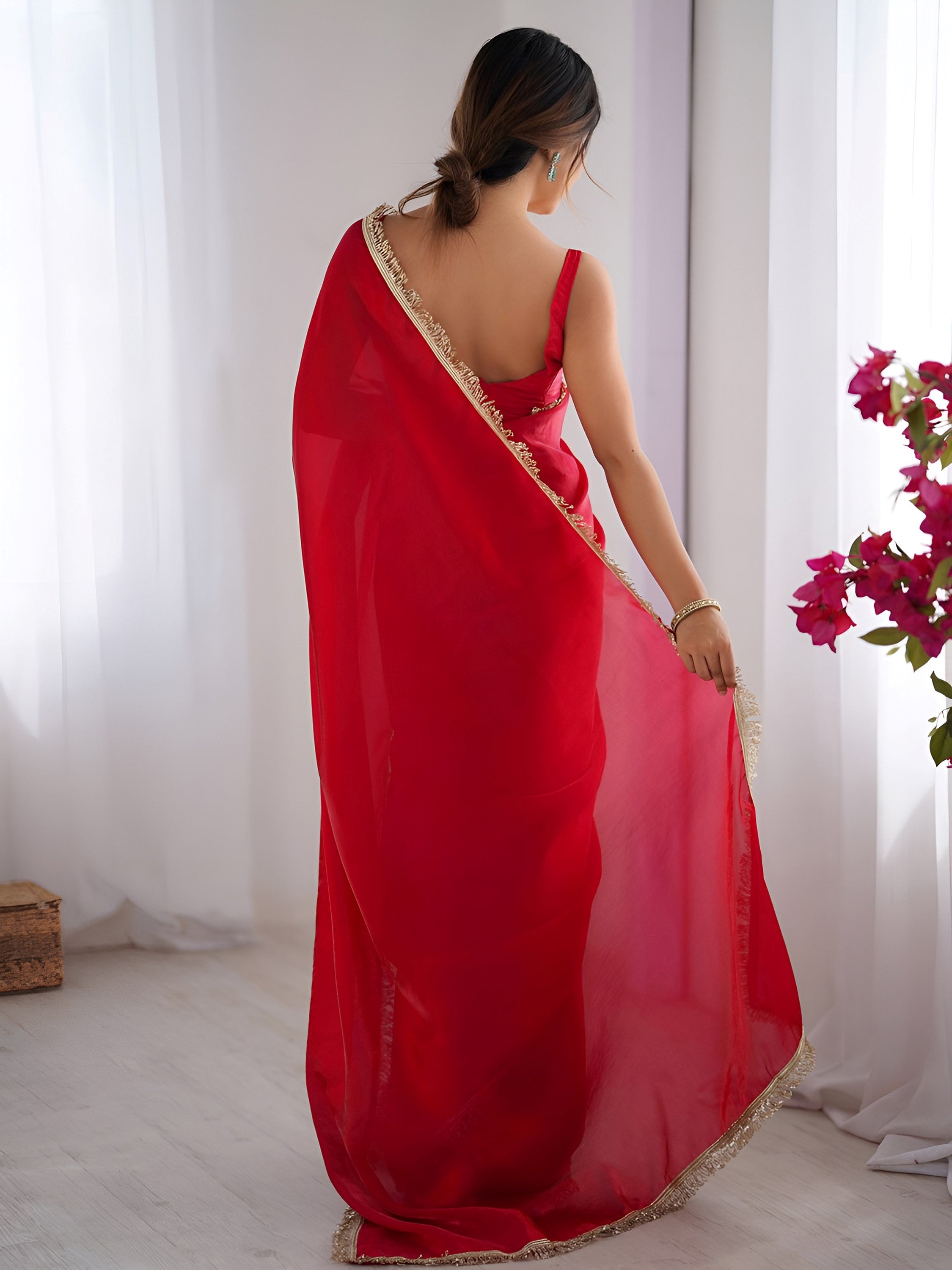 Alluring Red Lace Work Silk Party Wear Saree With Blouse