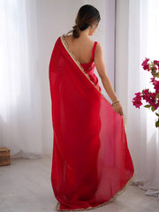 Alluring Red Lace Work Silk Party Wear Saree With Blouse