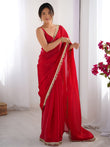 Alluring Red Lace Work Silk Party Wear Saree With Blouse