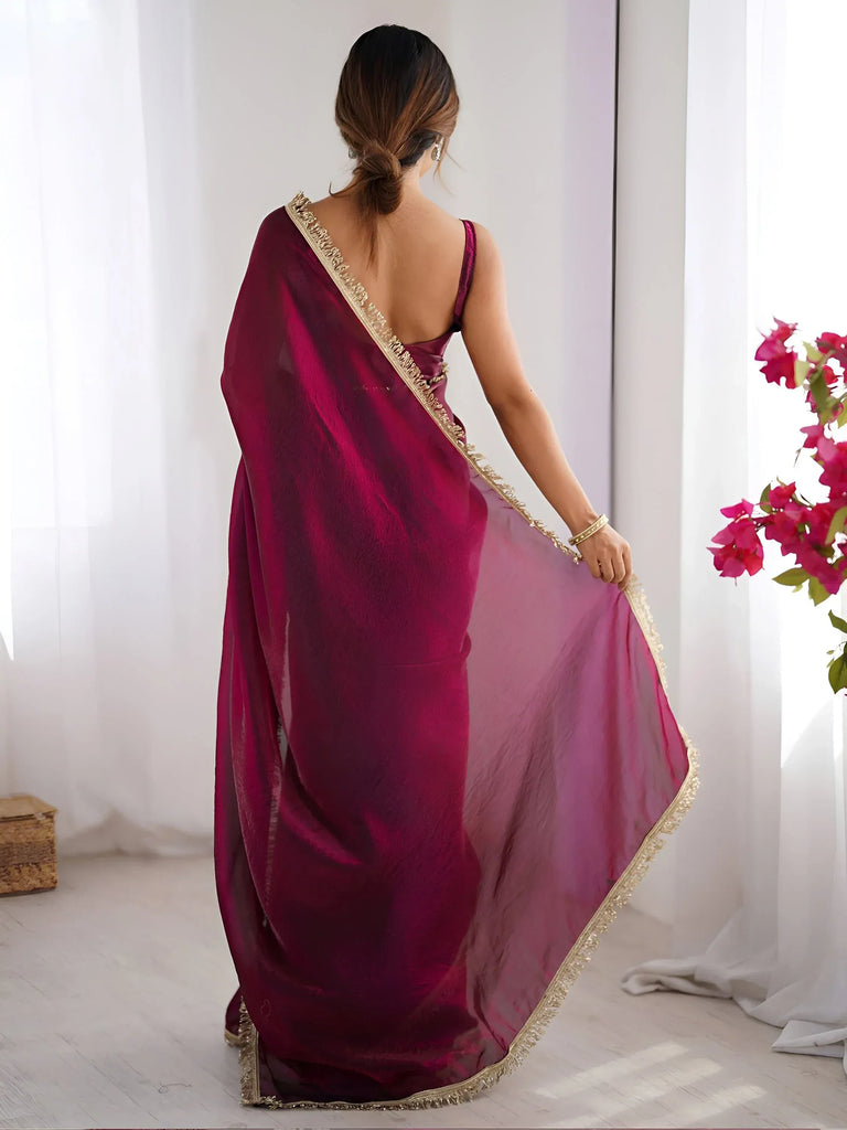 Outstanding Wine Lace Work Silk Reception Wear Saree With Blouse