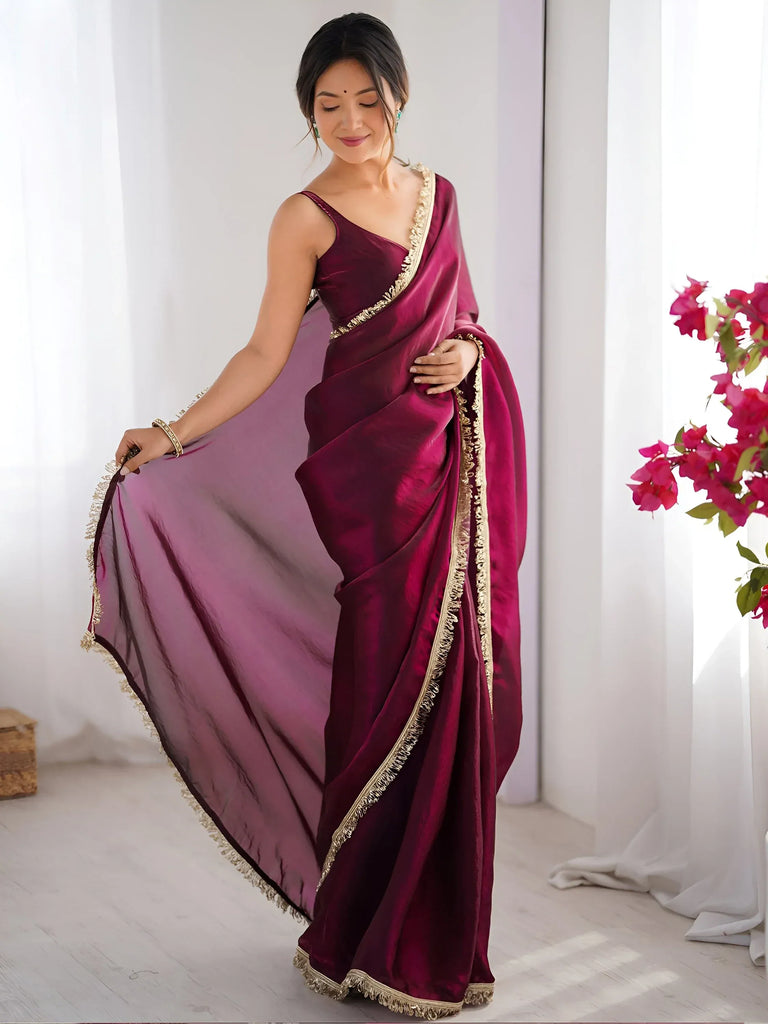 Outstanding Wine Lace Work Silk Reception Wear Saree With Blouse