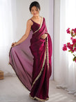 Outstanding Wine Lace Work Silk Reception Wear Saree With Blouse