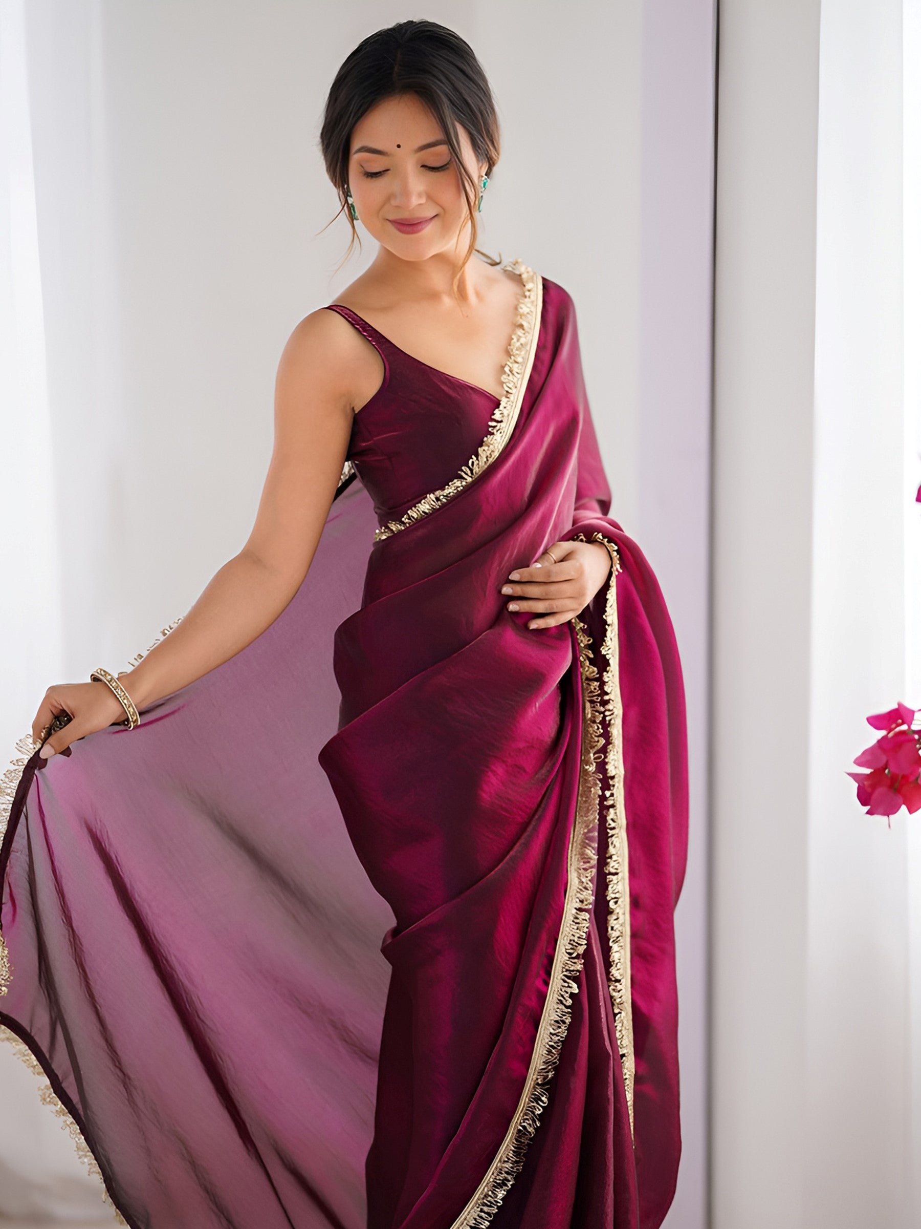 Outstanding Wine Lace Work Silk Reception Wear Saree With Blouse