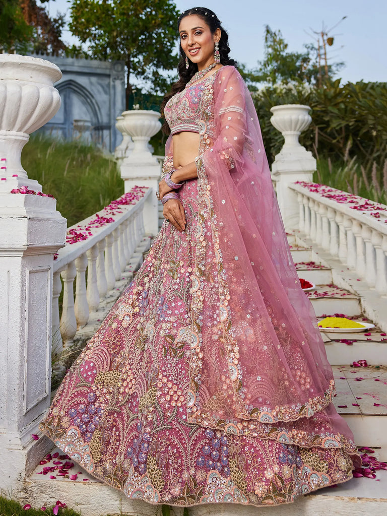 Dazzling Pink Sequins Net Bridesmaid Lehenga Choli With Dupatta