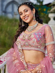 Dazzling Pink Sequins Net Bridesmaid Lehenga Choli With Dupatta