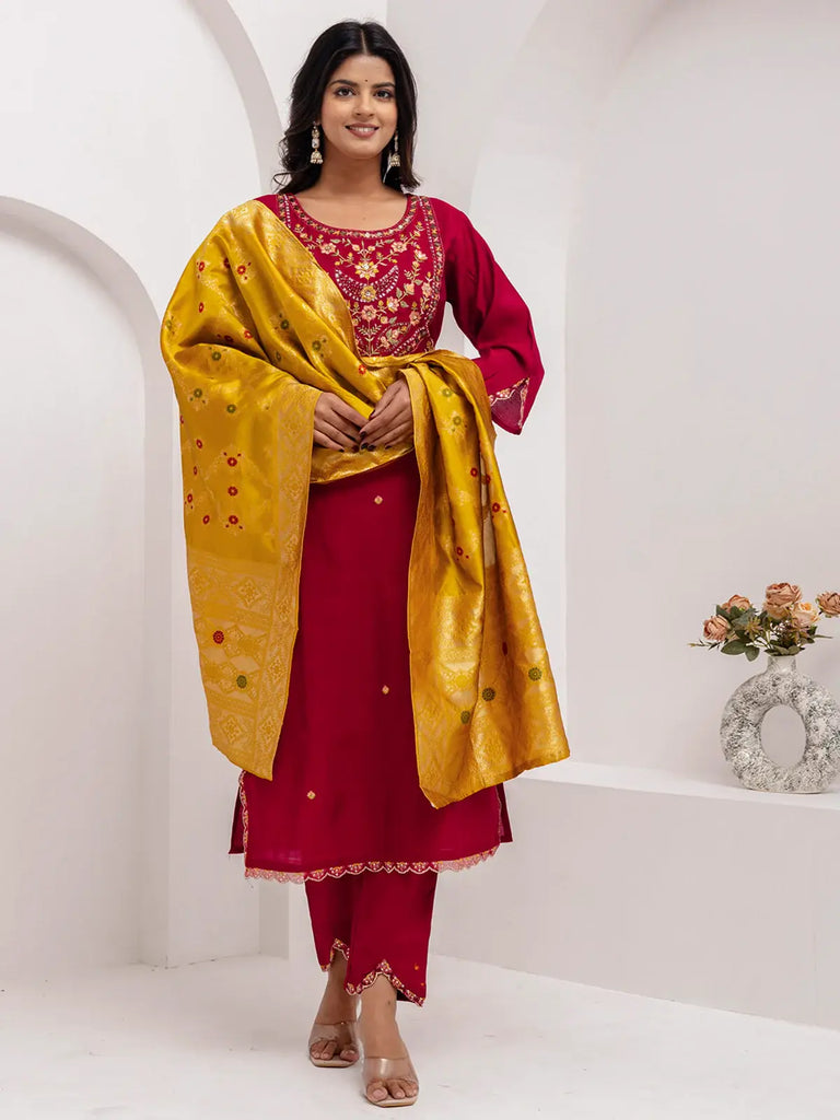 Fabulous Maroon Thread Embroidery Viscose Silk Traditional Pant Suit