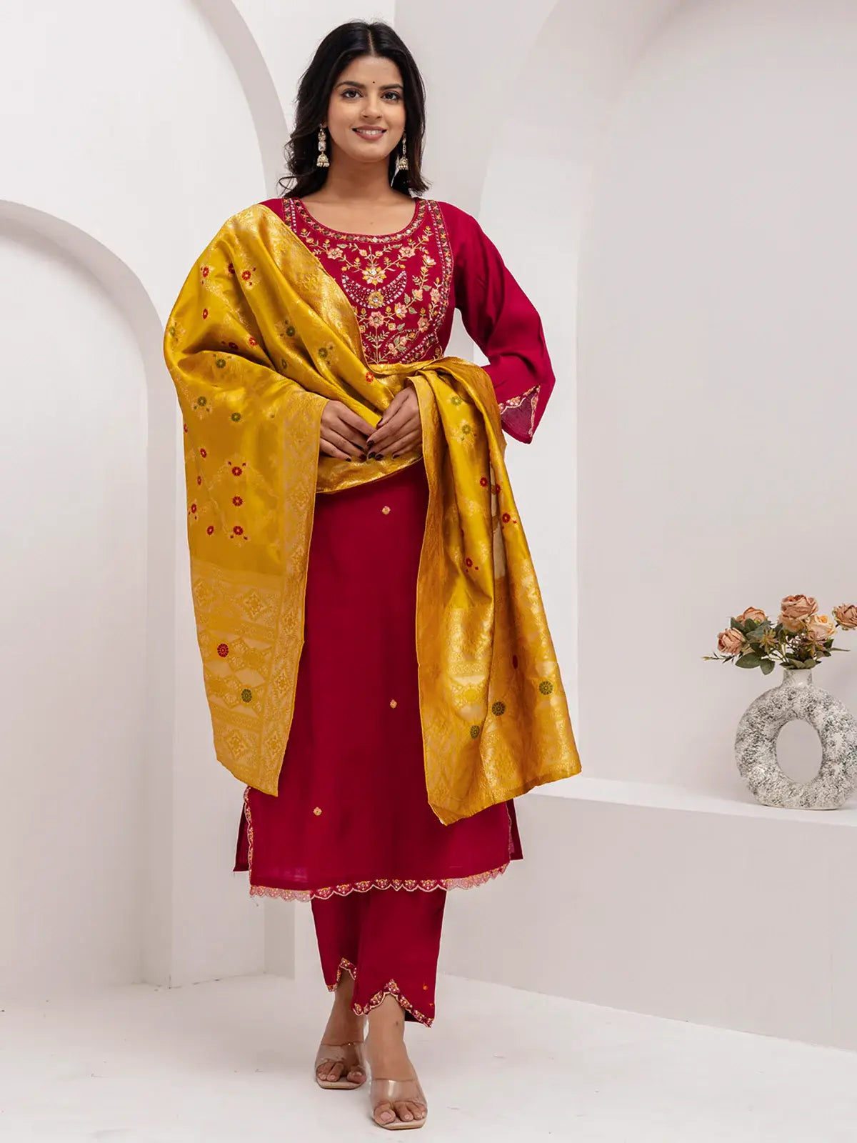 Fabulous Maroon Thread Embroidery Viscose Silk Traditional Pant Suit