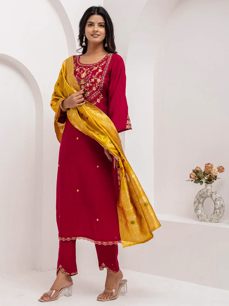 Fabulous Maroon Thread Embroidery Viscose Silk Traditional Pant Suit