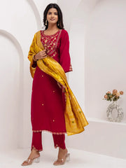 Fabulous Maroon Thread Embroidery Viscose Silk Traditional Pant Suit