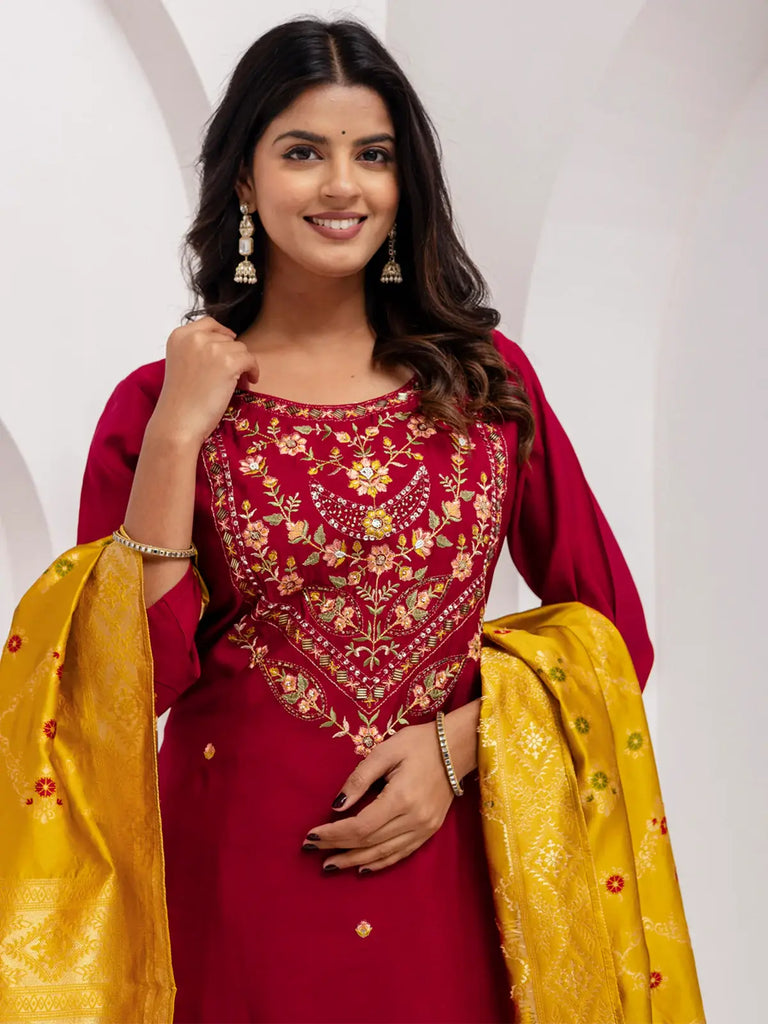 Fabulous Maroon Thread Embroidery Viscose Silk Traditional Pant Suit