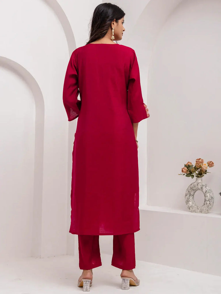 Fabulous Maroon Thread Embroidery Viscose Silk Traditional Pant Suit